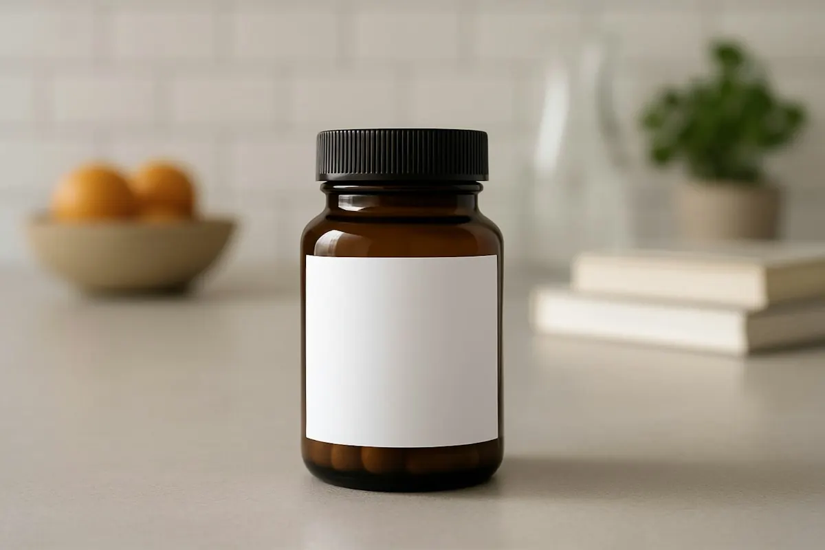 An amber supplement bottle on a kitchen counter