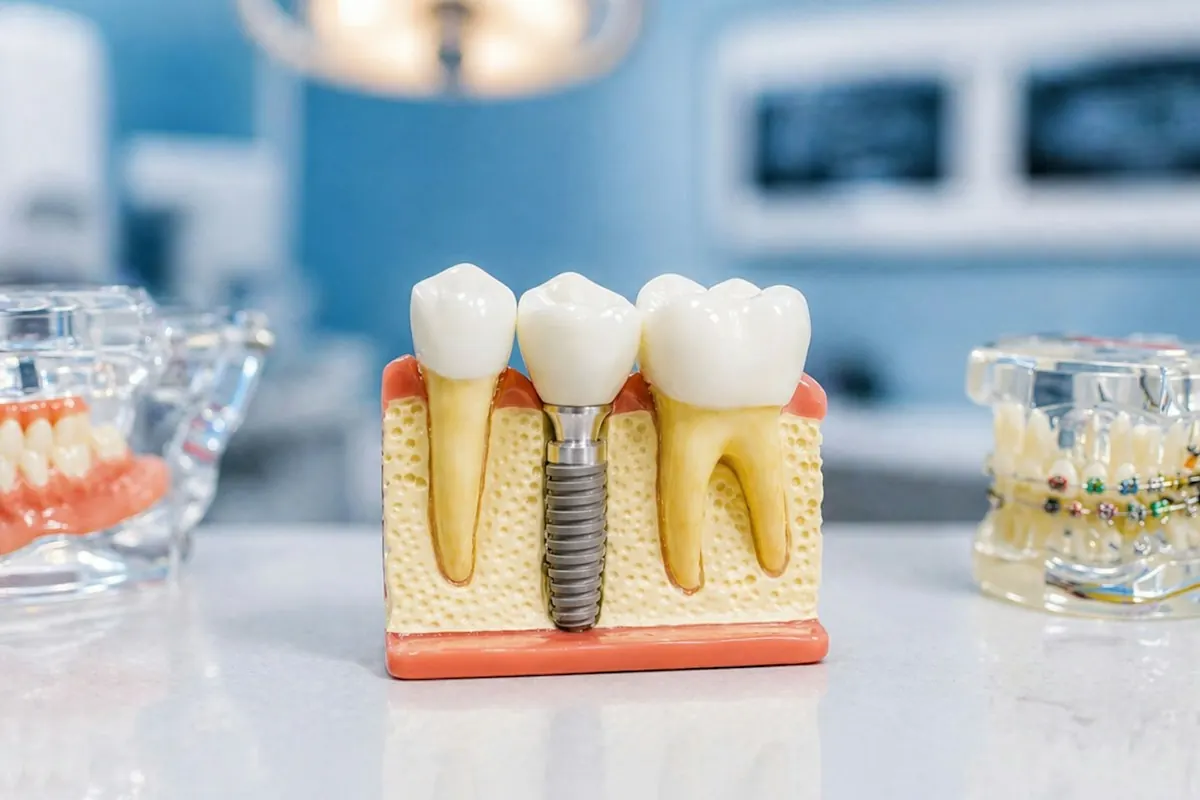A cutaway model showing the implant and jawbone