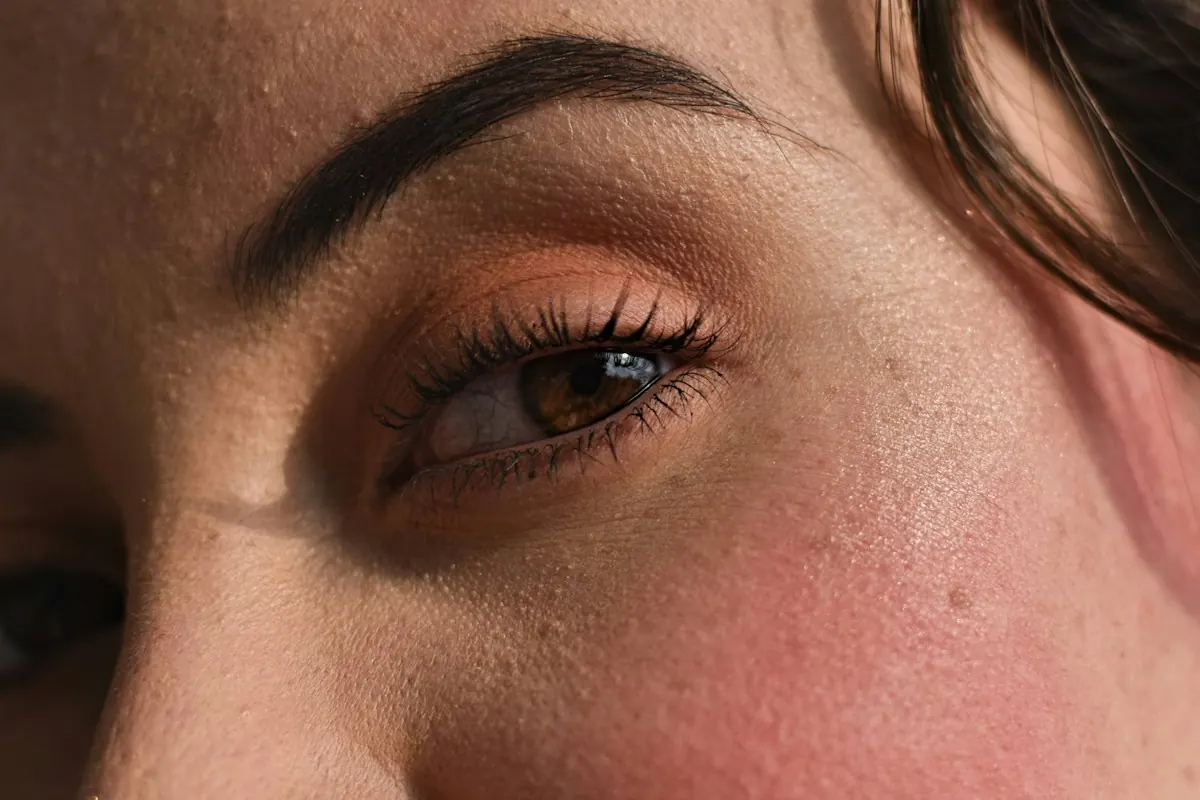 A close view of the eye area and brow