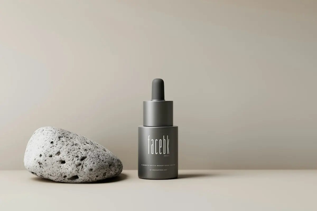 A treatment bottle resting on a smooth stone